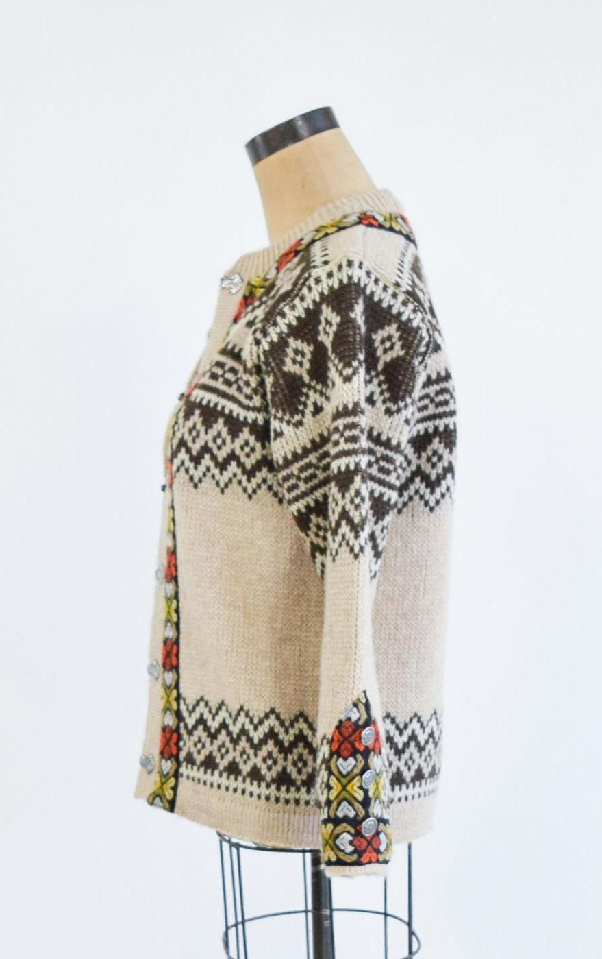 1950s Nordic Brown Pattern Virgin Wool Cardigan, Medium