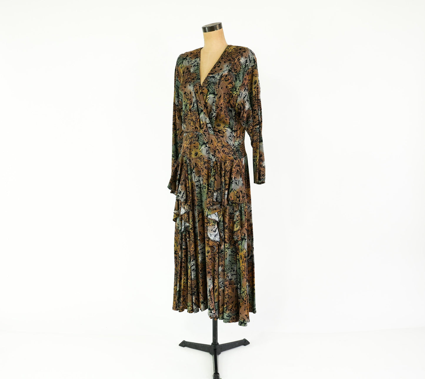 1980s Brown Floral Print Dress, Extra Large, Waist up to 36"