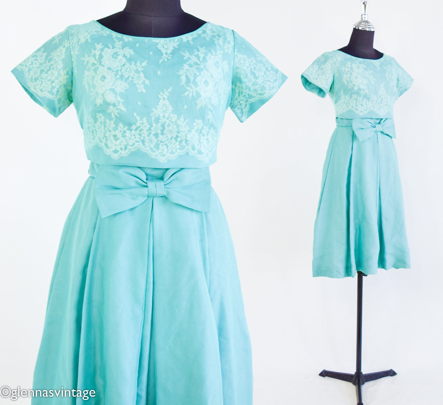 1950s Turquoise Taffeta Party Dress & Lace Jacket, Small
