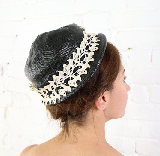 1950s Black & White Lace Straw Hat