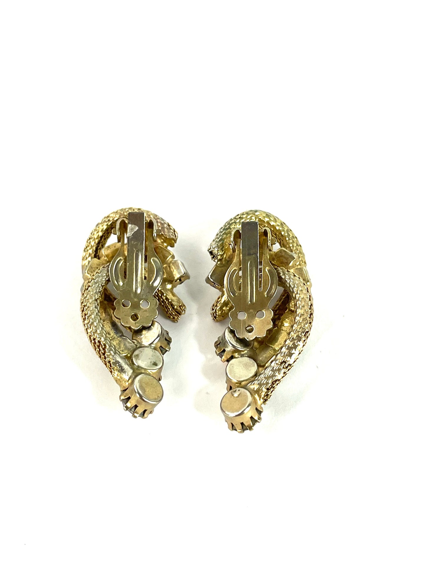 1950s Gold Mesh & Rhinestone Earrings | 50s Aurora Borealis Rhinestone Clip Earrings