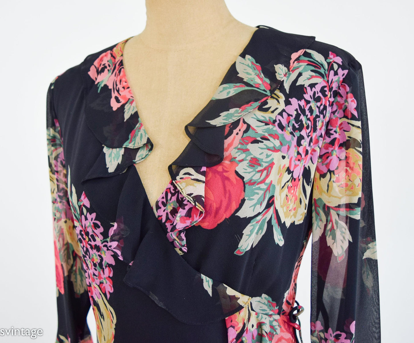 2000s Black Floral Wrap Dress, Ralph Lauren Size 8
