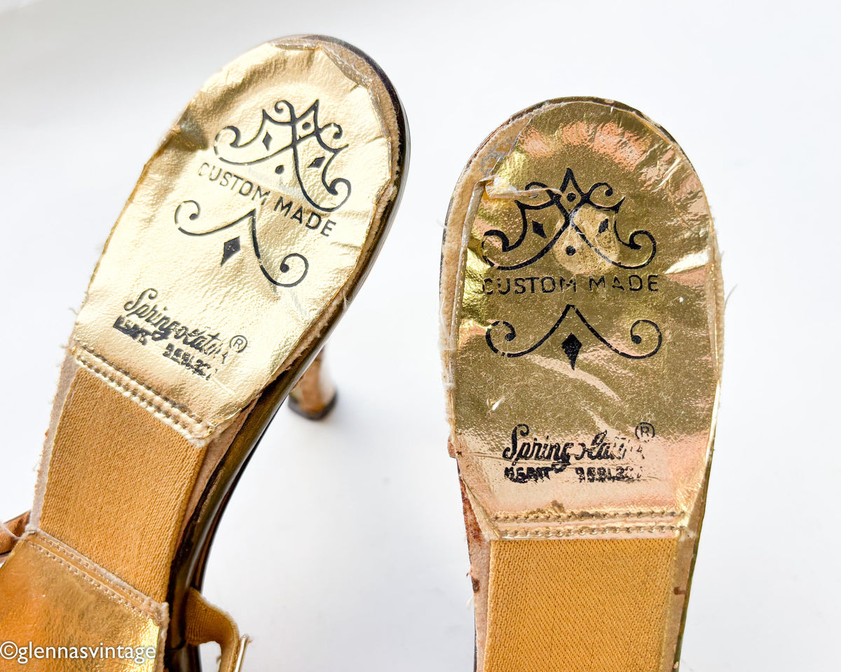 1950s Gold Springolators Heels Heeled Sandals, Size 7