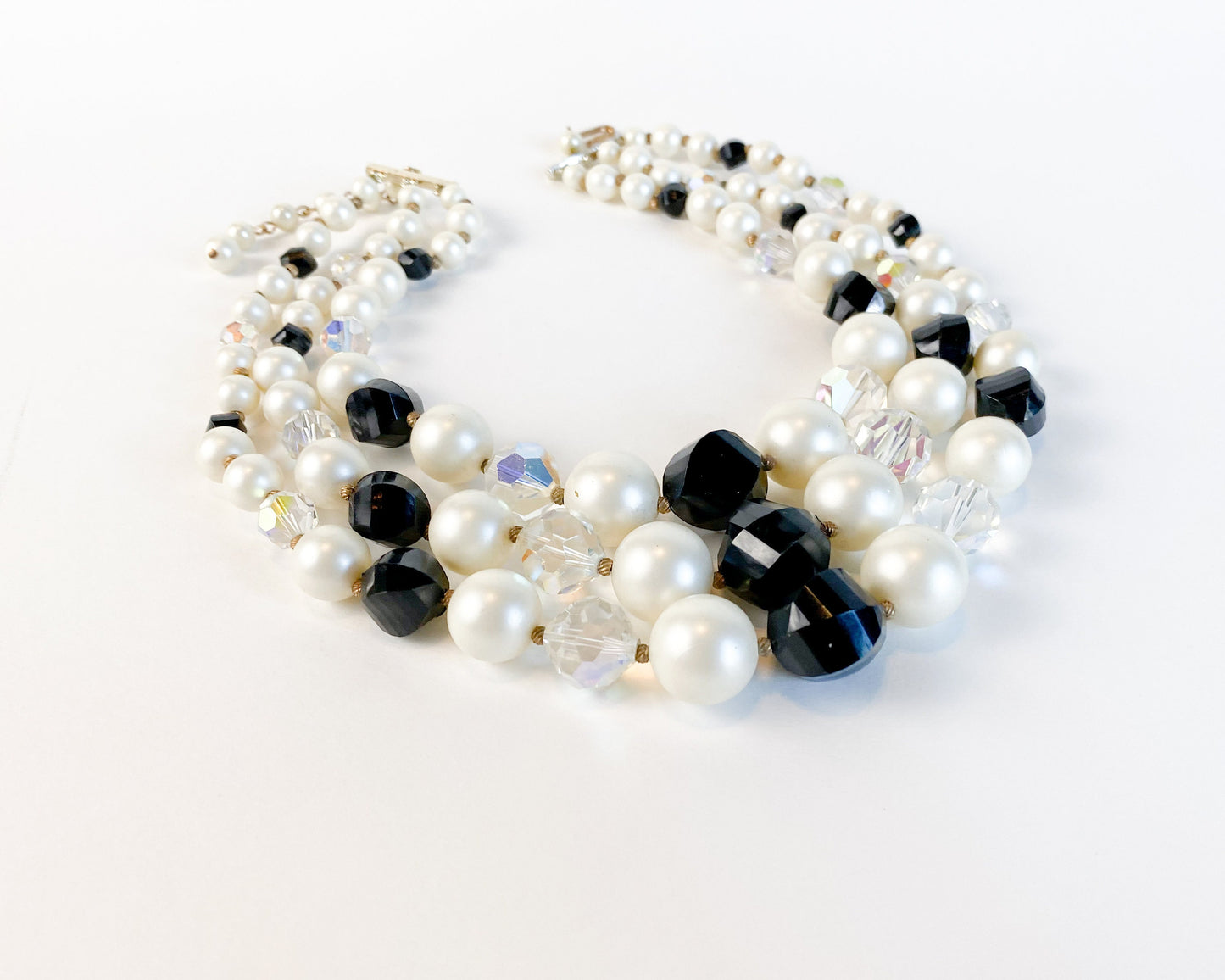 1950s Black & White Beaded Necklace | 50s Multi Strand Bead Necklace