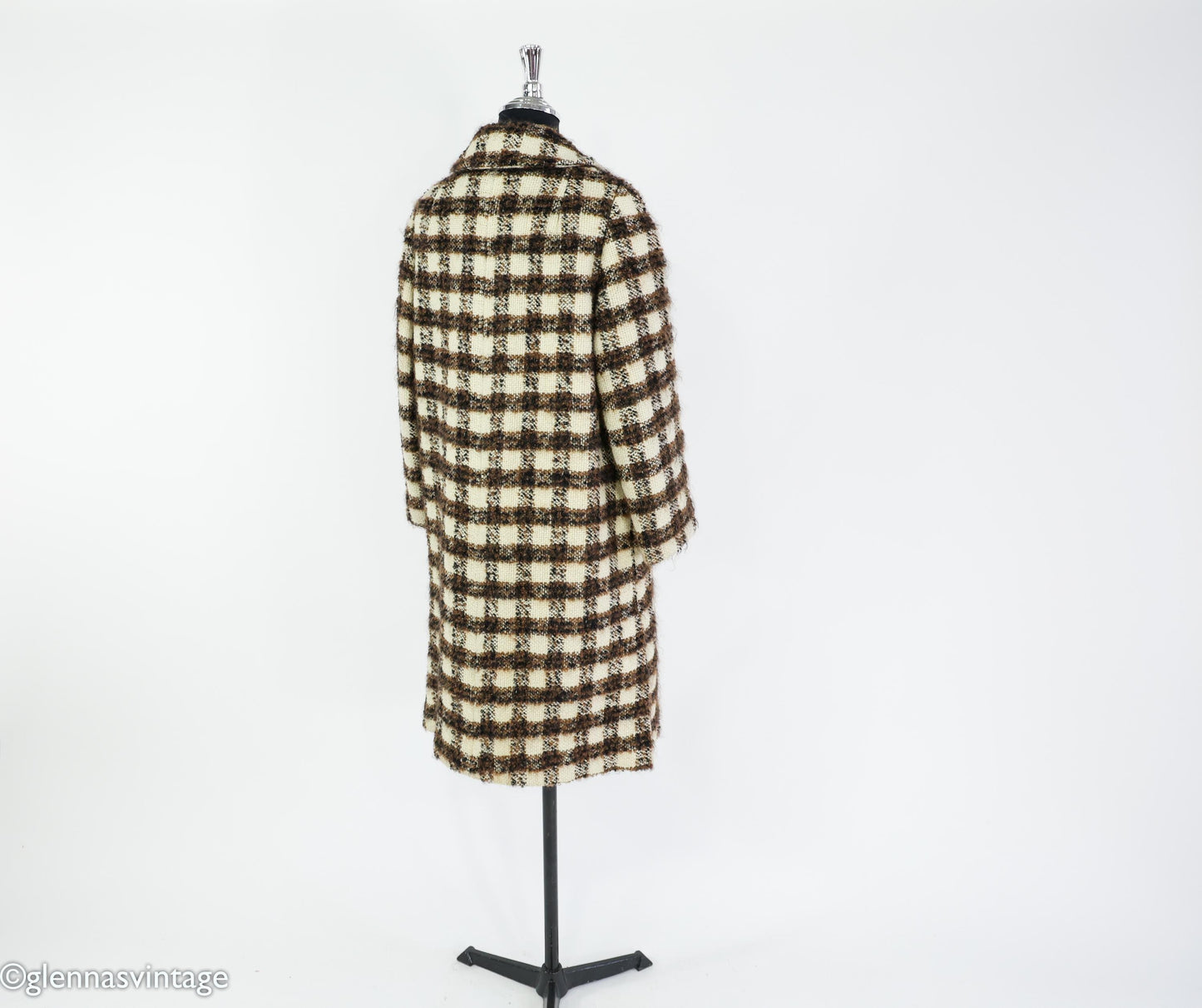 1960s Brown & Creme Plaid Wool Coat, Large