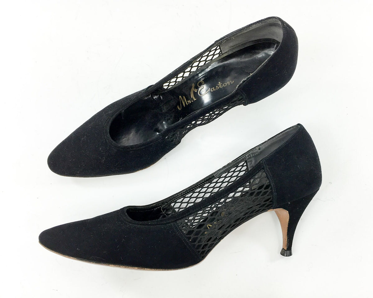 1960s Mr Easton Black Suede Heels Lattice Leather Pumps US 8.5