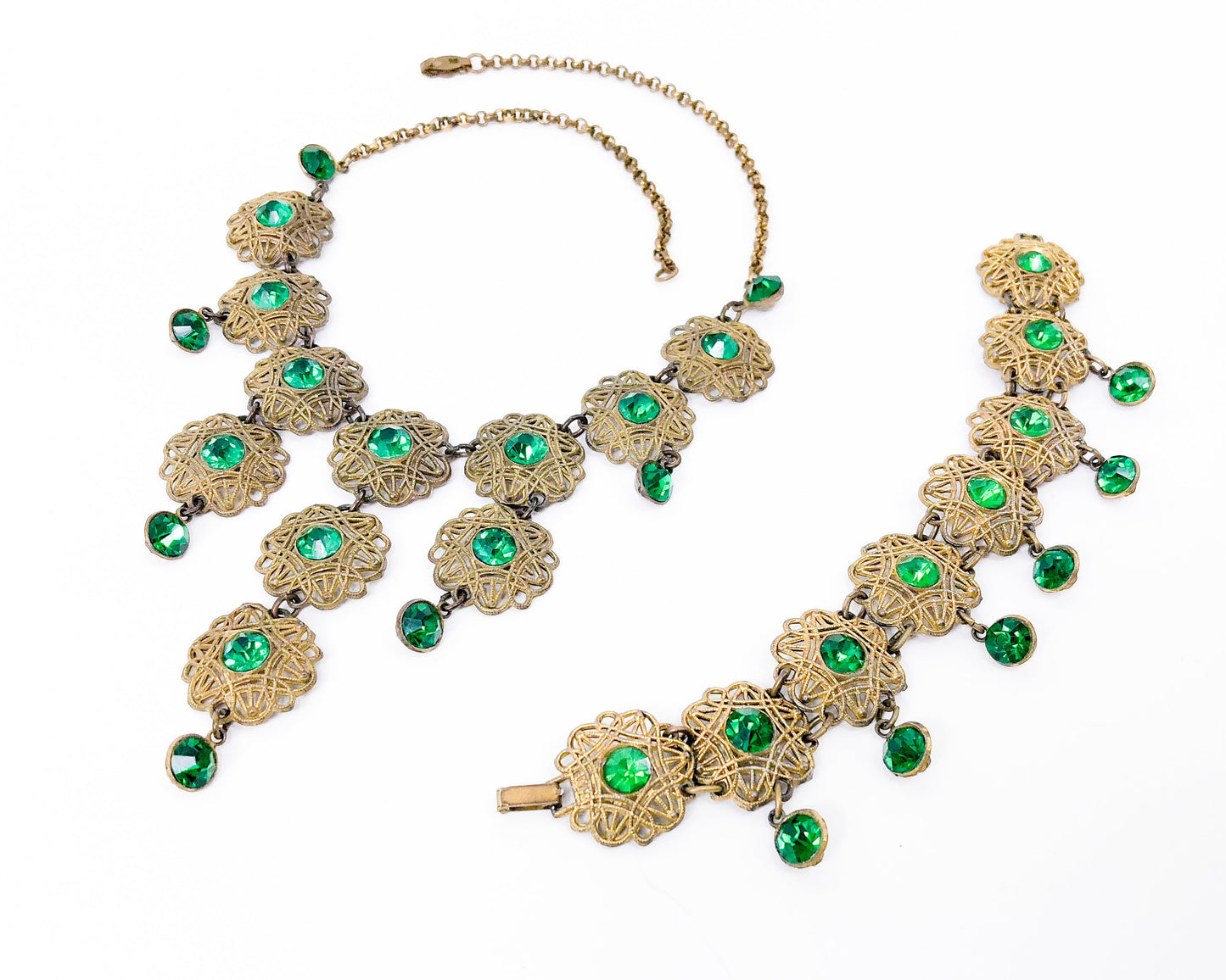 1940s Emerald Green Rhinestone Filigree Jewelry Set, Necklace & Bracelet Set