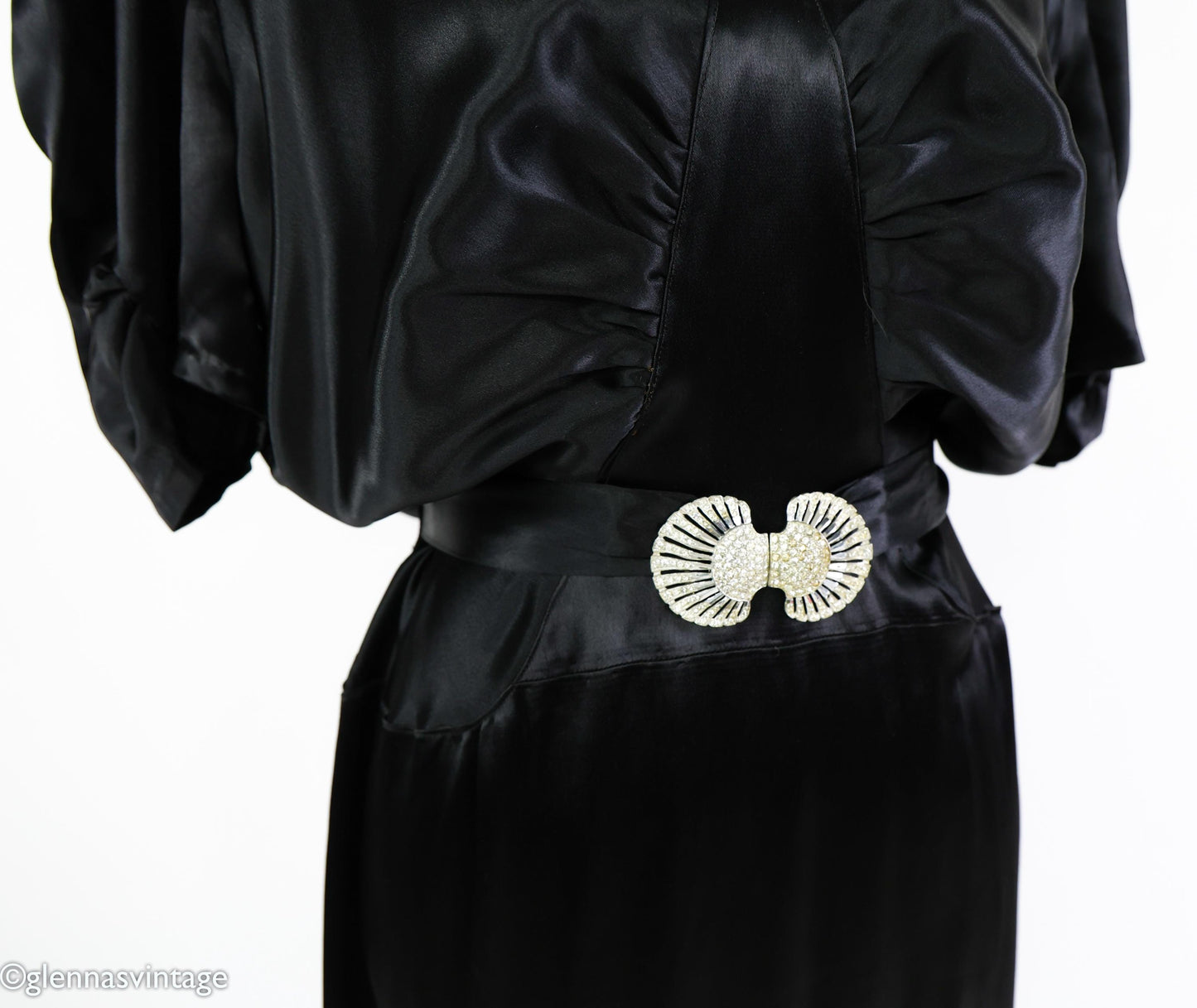 1930s Vintage Black Satin Evening Gown, Rhinestone Belt, Extra Large