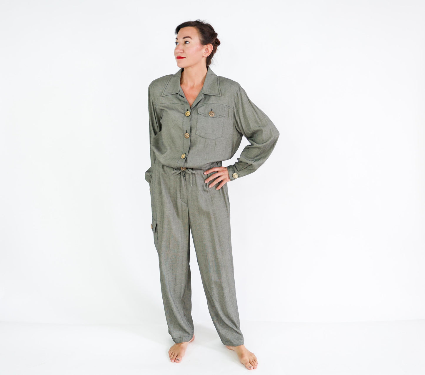1980s Gray Woven Rayon Jumpsuit, 44