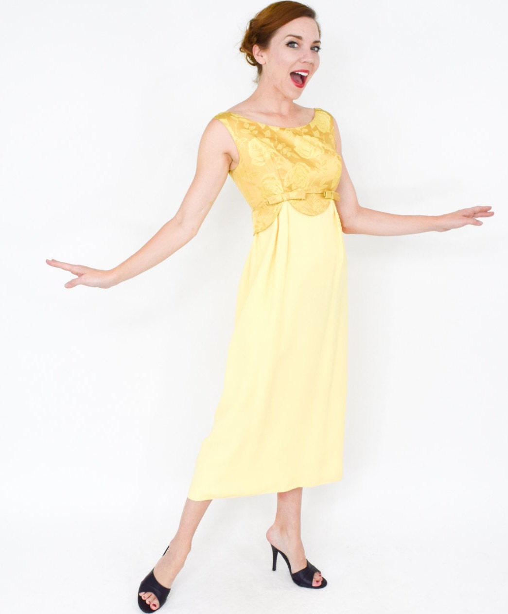 1950s Yellow Crepe Evening Dress | 50s Lemon Yellow & Brocade Party Dress | Small