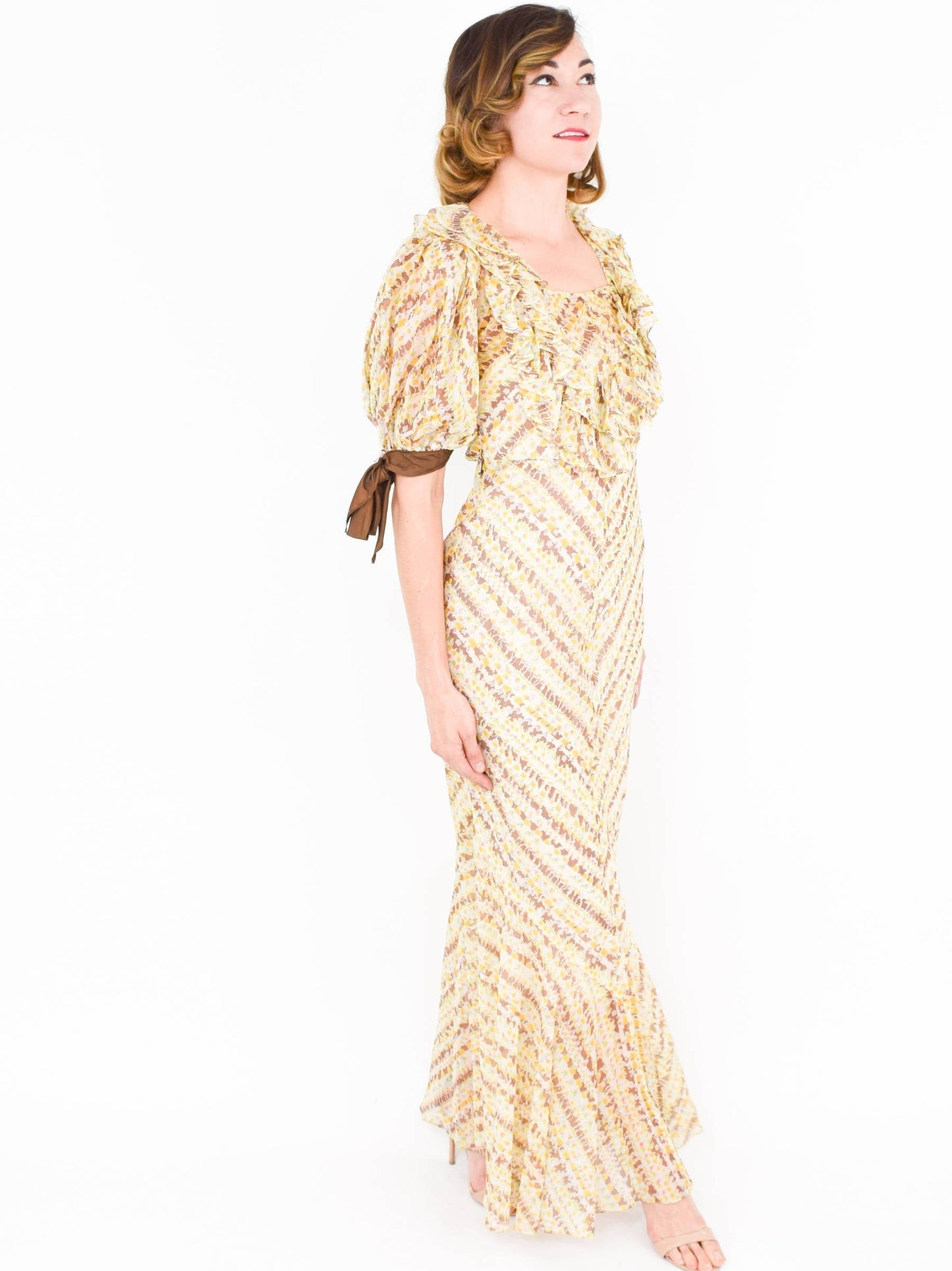 1930s Yellow Floral Print Organza Dress with Ruffle Trim, Small