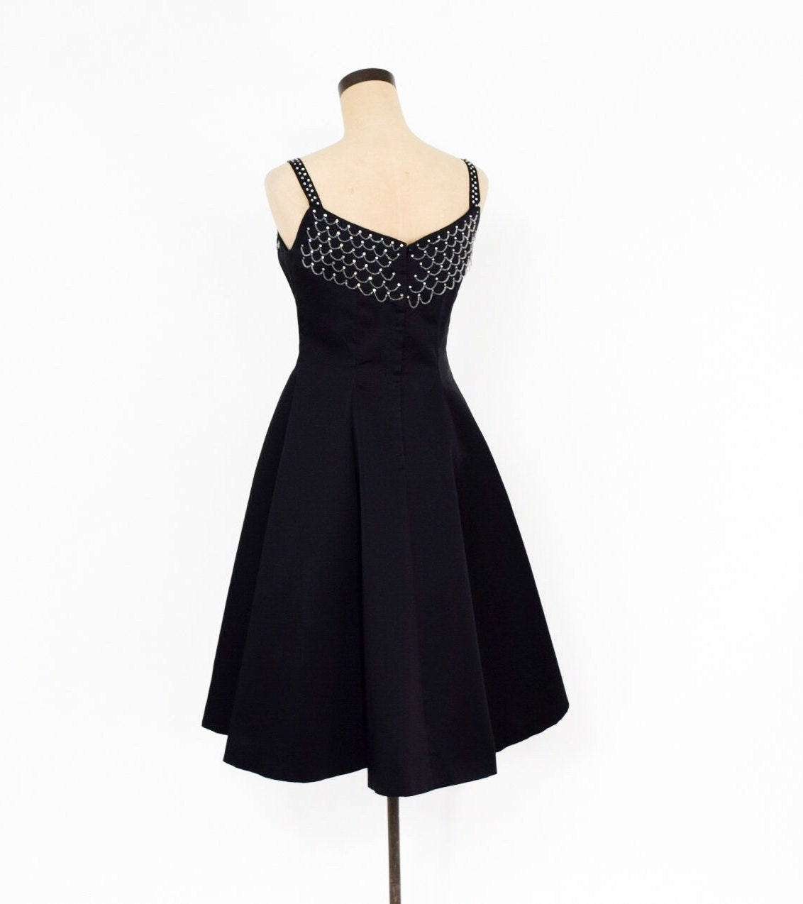 1950s Black Satin Cocktail Dress with Rhinestone Detail, Medium