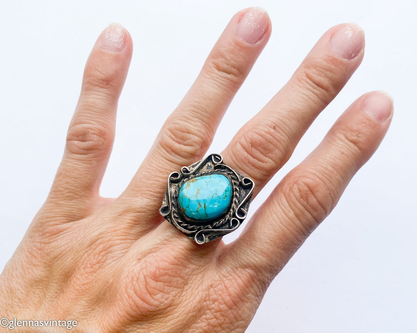 1950s Southwest Turquoise Sterling Silver Ring | Size 6 3/4