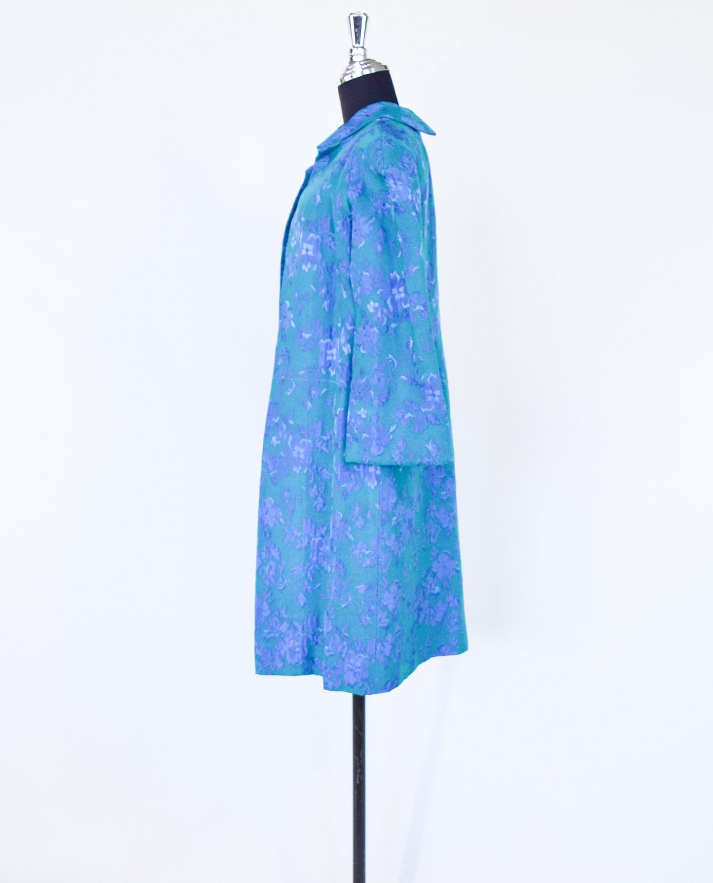1960s Blue Brocade Coat Dress Set | 60s Turquoise Blue & Lavender Floral Brocade Dress Set | Jackie O | Small