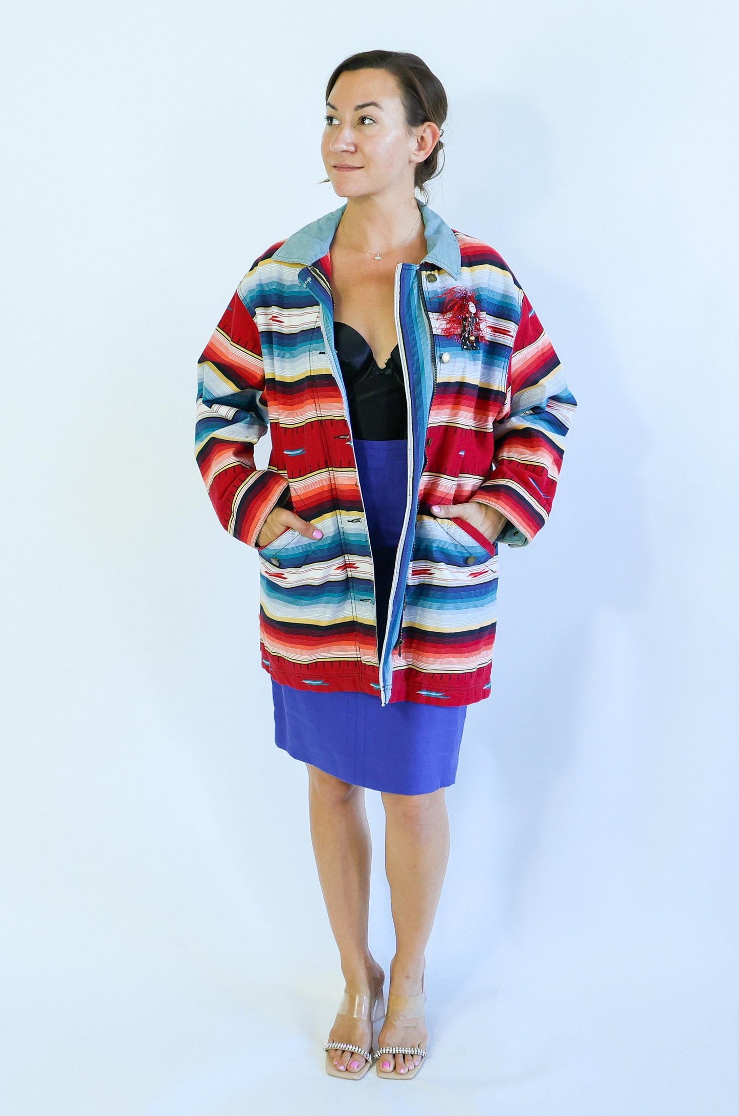 1980s Red Blue Striped Coat| 80s Western Jacket | Woolrich | Large