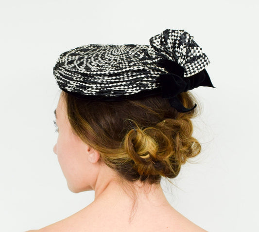 1950s Black & White Woven Straw Hat,  Fascinator with Velvet Bow
