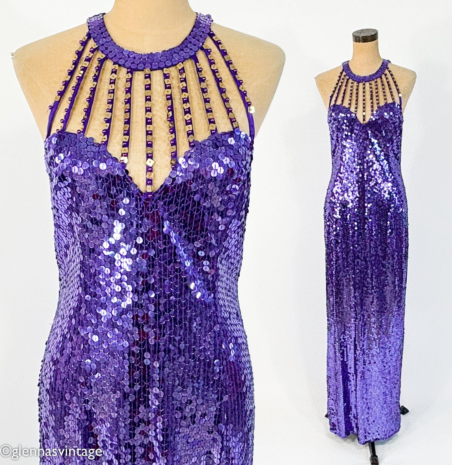 1980s Purple Sequin Evening Dress | Purple Formal & Sweetheart Bodice, M/L