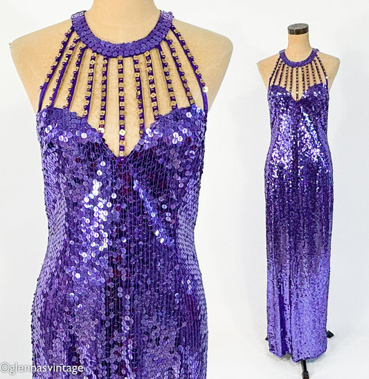 1980s Purple Sequin Evening Dress | Purple Formal & Sweetheart Bodice, M/L