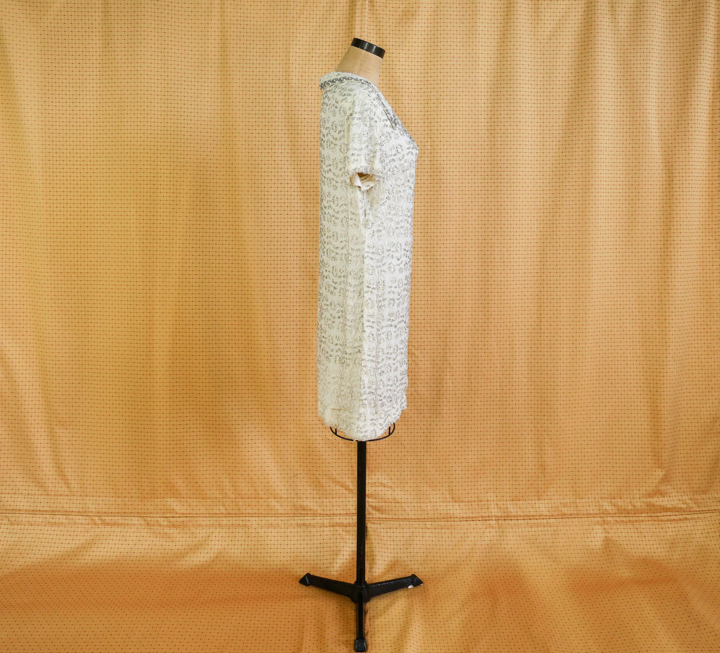 1960s White Silver Beaded Shift Dress, Short Wedding Dress, Extra Large