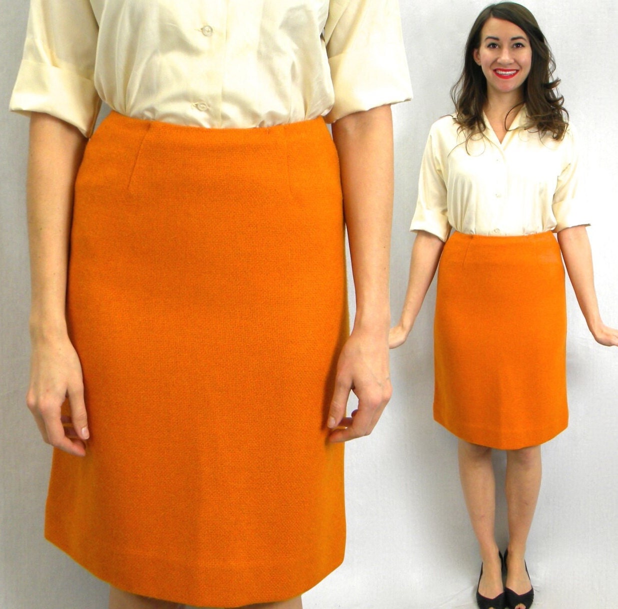 1960s Orange Wool Pencil Skirt | 60s Orange Wool Skirt | Bernhard Altman | Extra Small