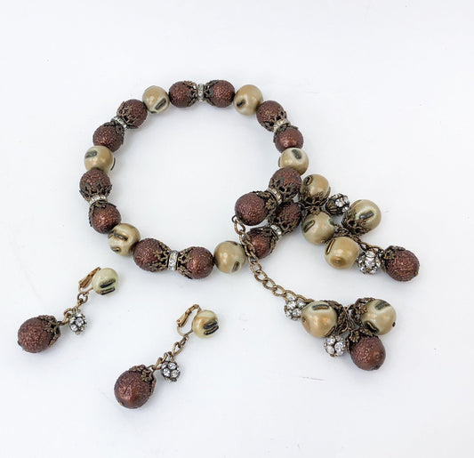 1950s Copper Bead Choker and Clip Earring Jewelry Set