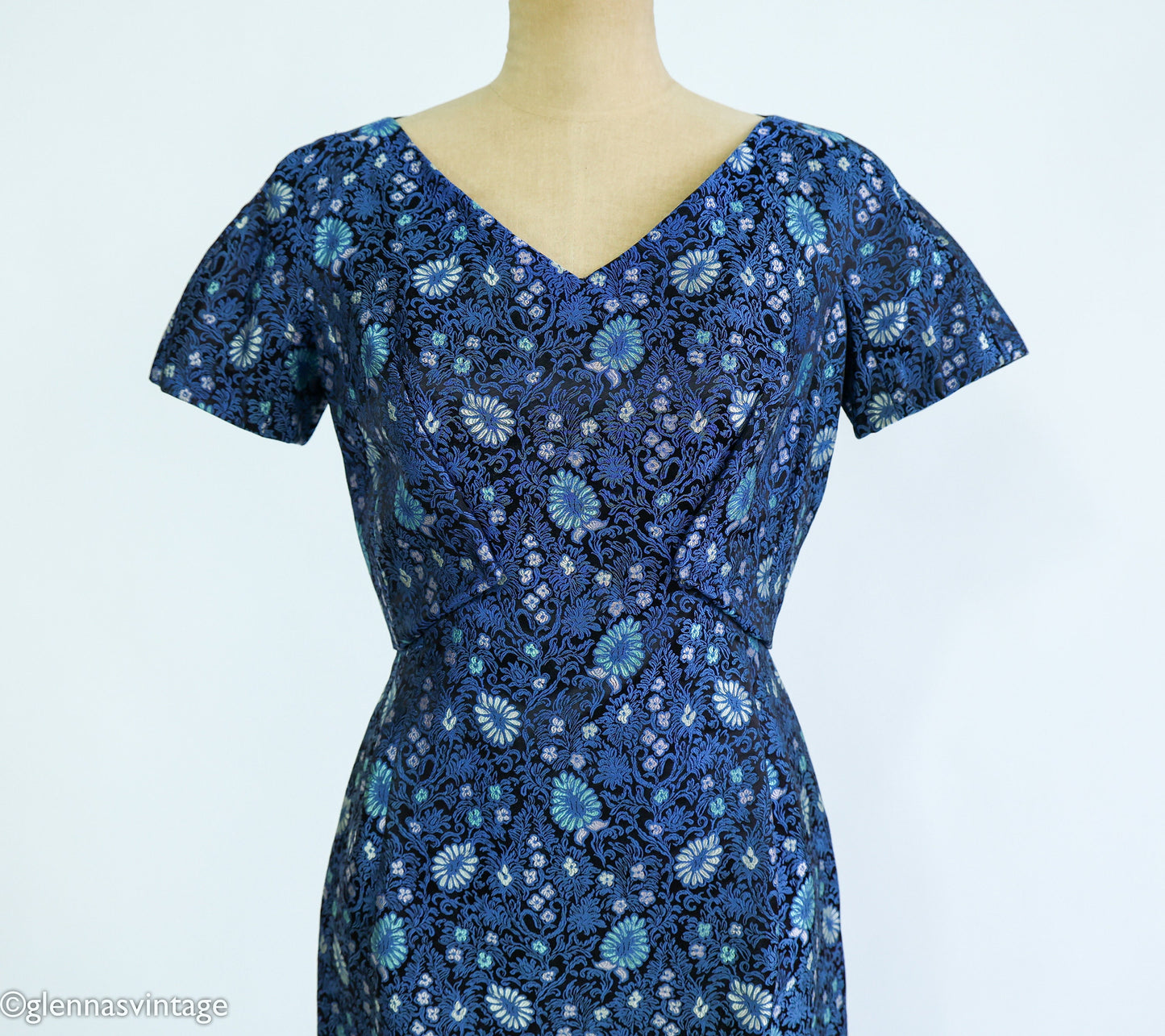 1960s Blue Brocade Dress & Jacket Set | 60s Navy Blue Print Brocade Dress Set | Mary Louise | Small