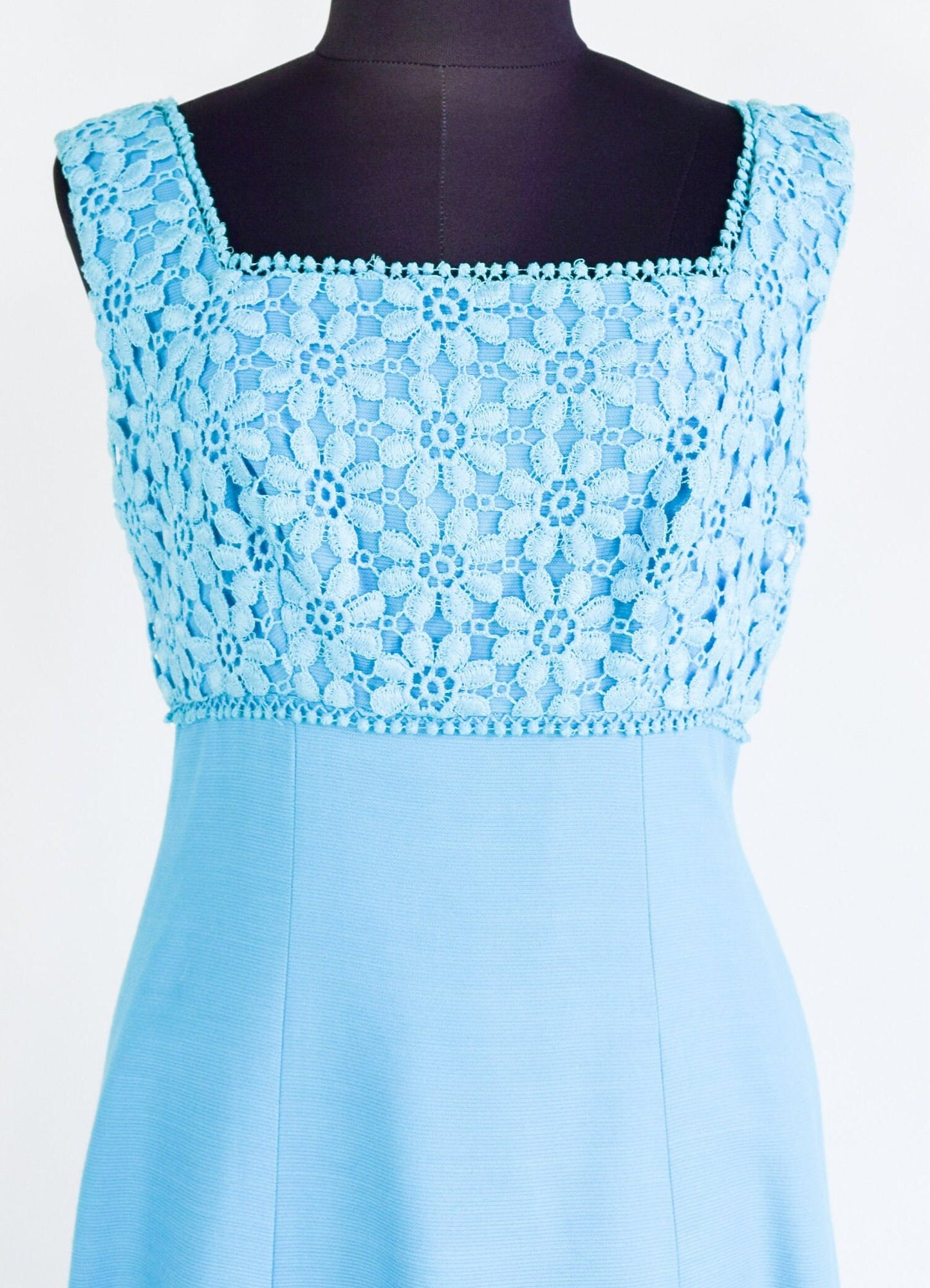 1960s Turquoise Blue Prom Dress | 60s Cotton Flower Lace Top Maxi Dress | XS