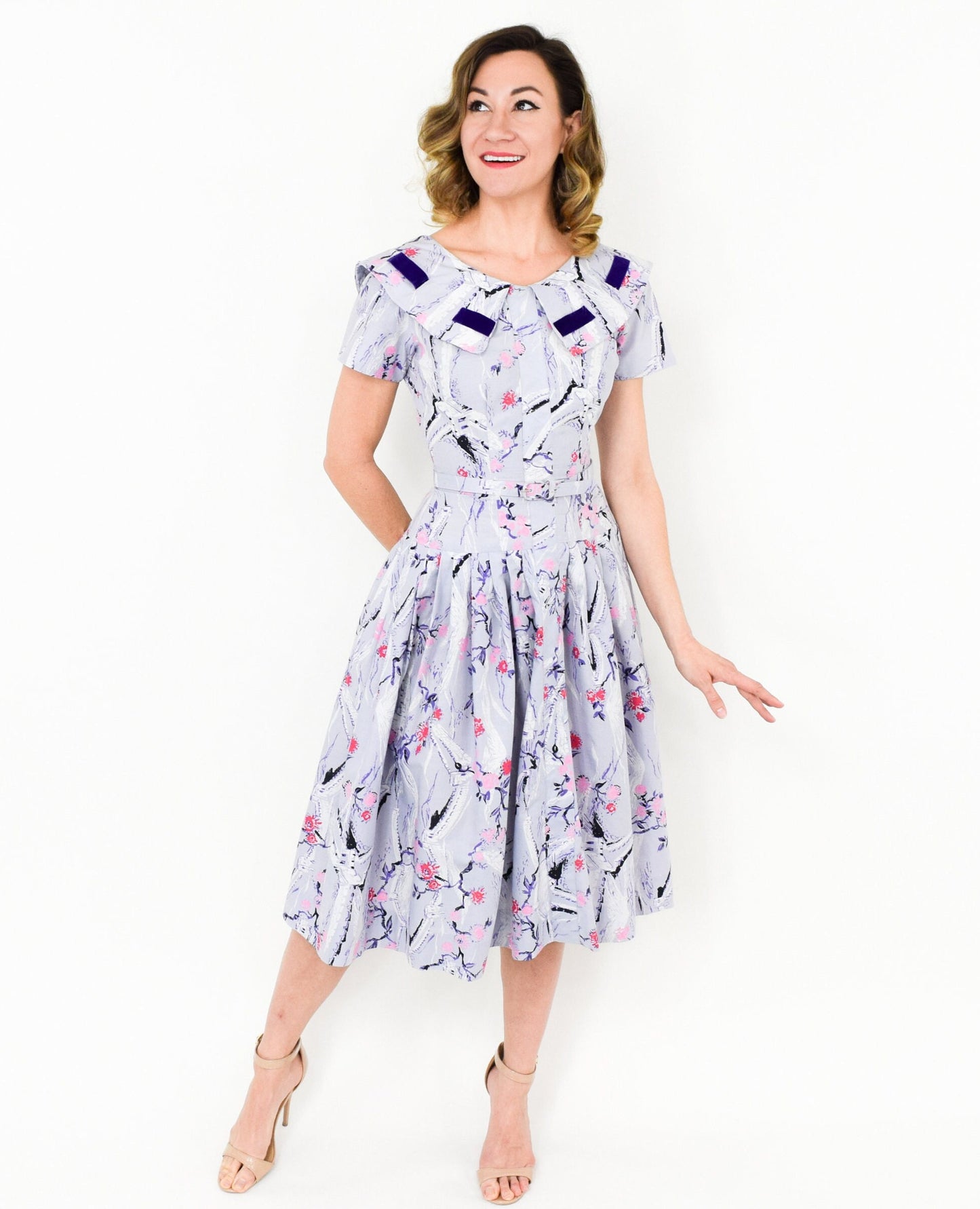 1950s Lavender Purple Novelty Print Cotton Dress, Small