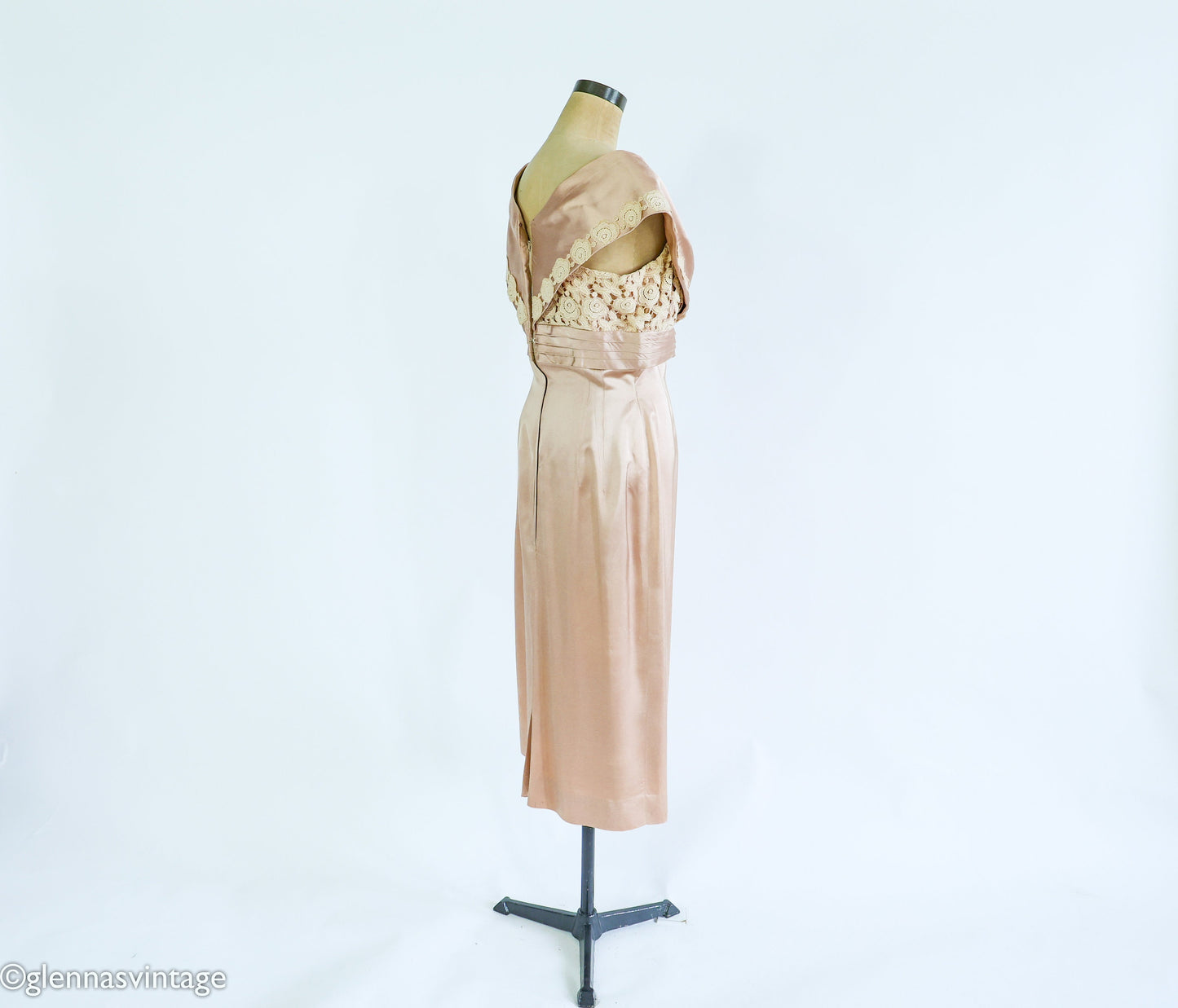 1950s Taupe Champagne Satin Cocktail Dress, Medium