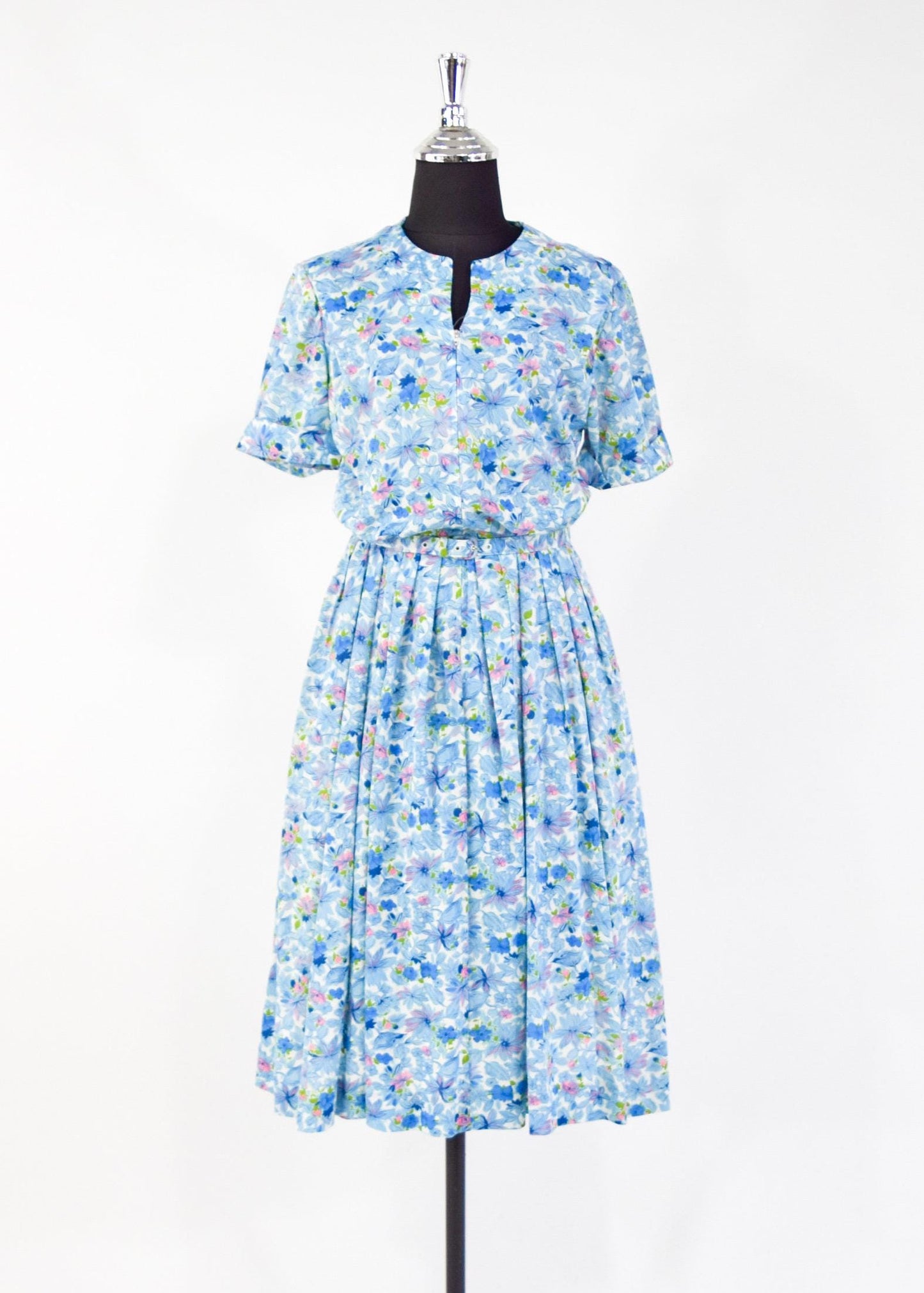 1950s Blue Floral Nylon Day Dress, Medium