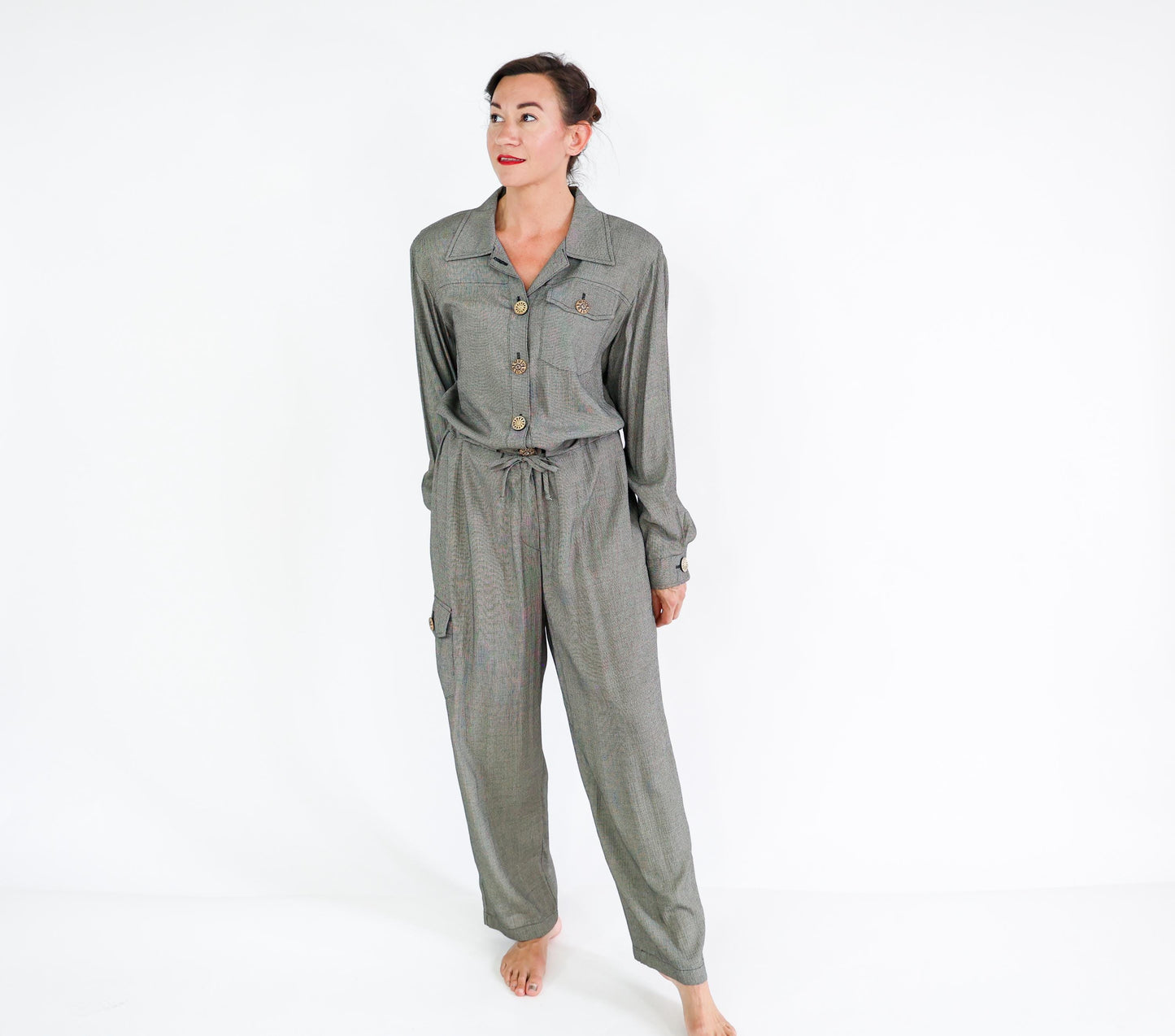 1980s Gray Woven Rayon Jumpsuit, 44