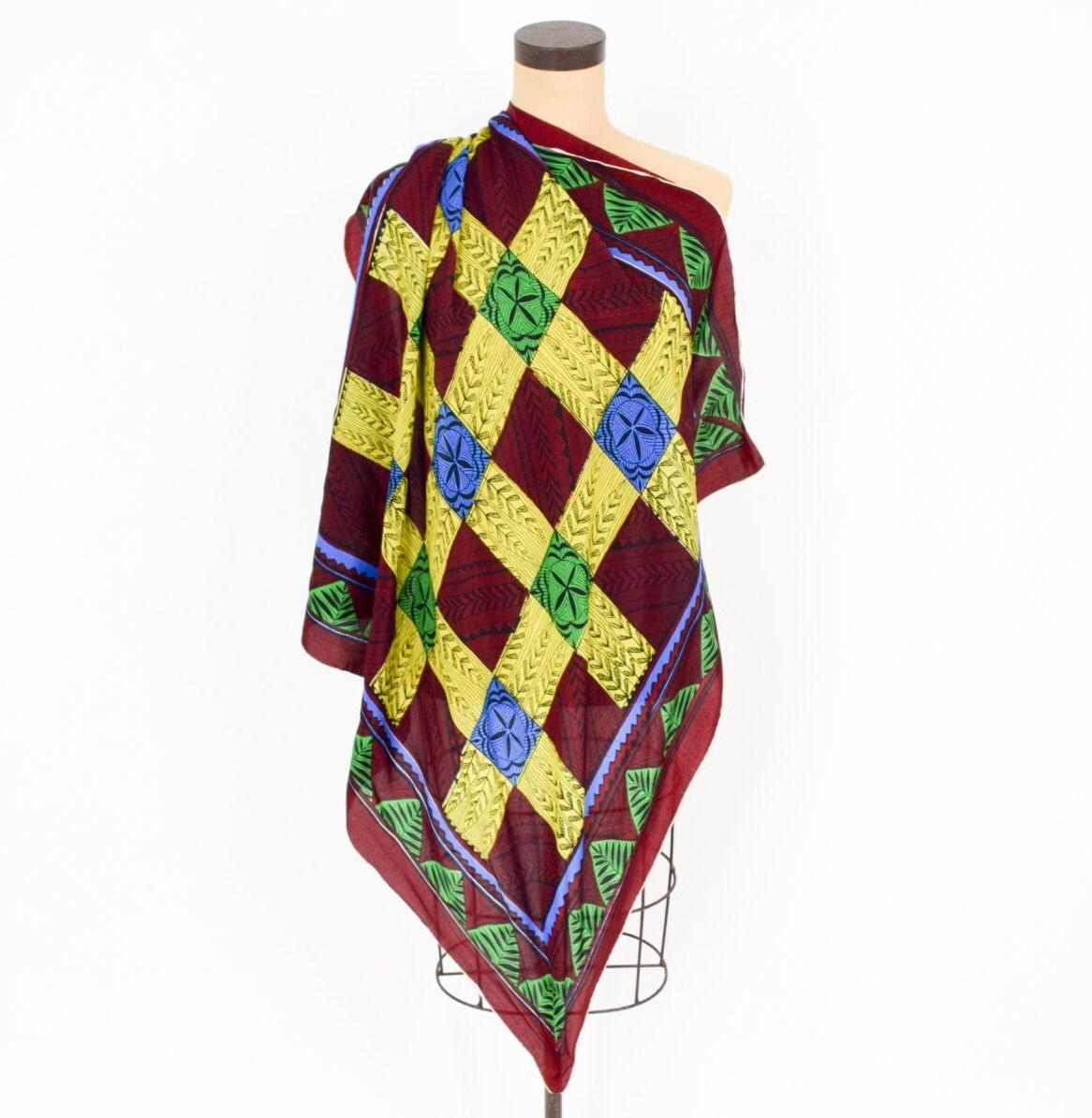 1950s Tiki Print Silk Scarf | Brown Checkerboard Headscarf
