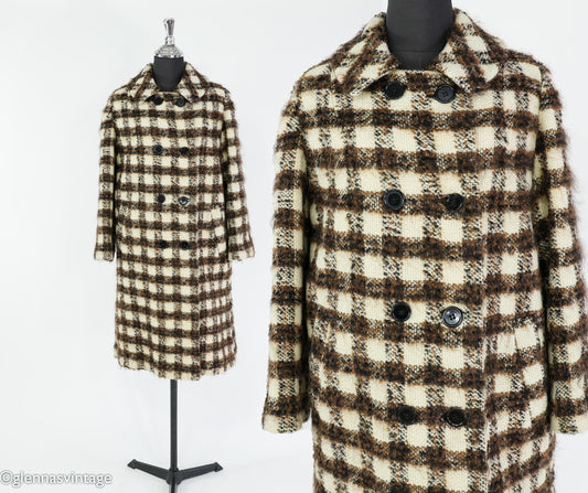 1960s Brown & Creme Plaid Wool Coat, Large