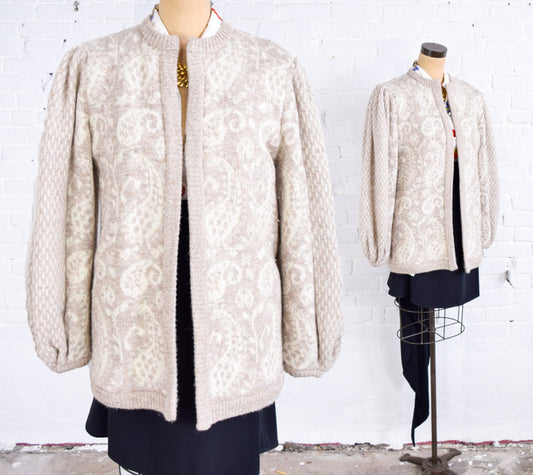 1980s ESCADA Creme & White Wool Cardigan Sweater Jacket, Large