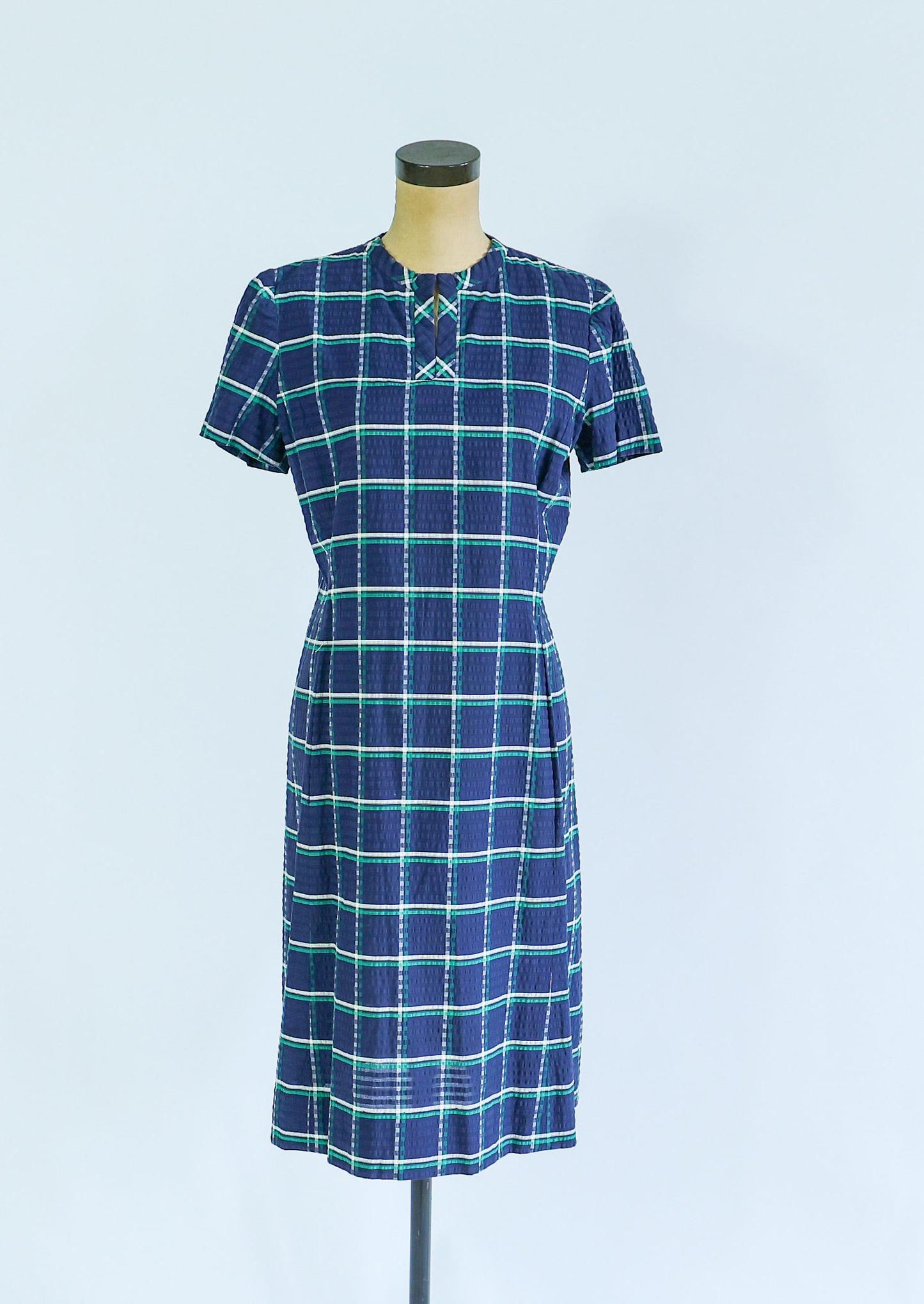 1960s Blue Plaid Dress & Jacket | Navy Seersucker Set, Large