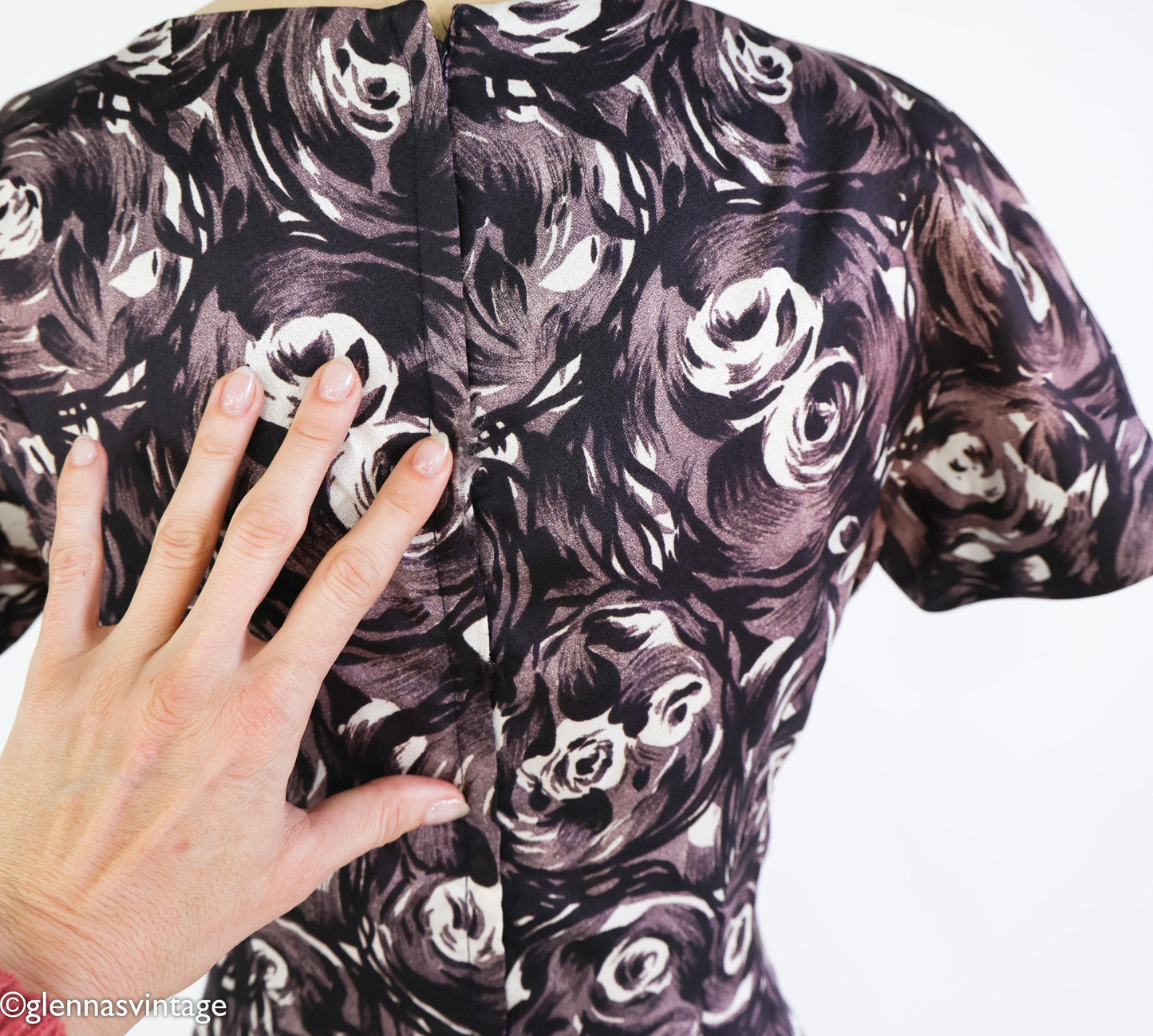 1950s Black & Gray Rose Print Dress, Small