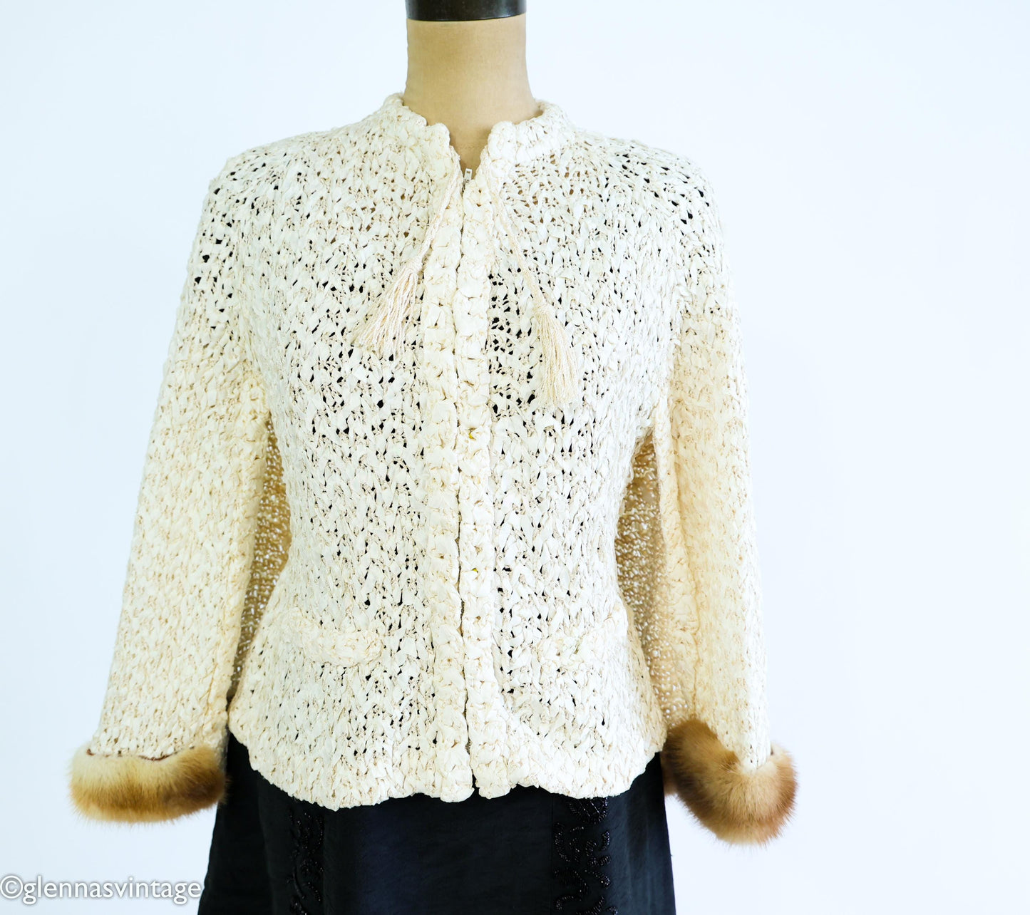 1940s Creme Crochet Ribbon Mink Trimmed Capelet |  40s Creme Silk Mink Trimmed Ribbon Cape  | One Size