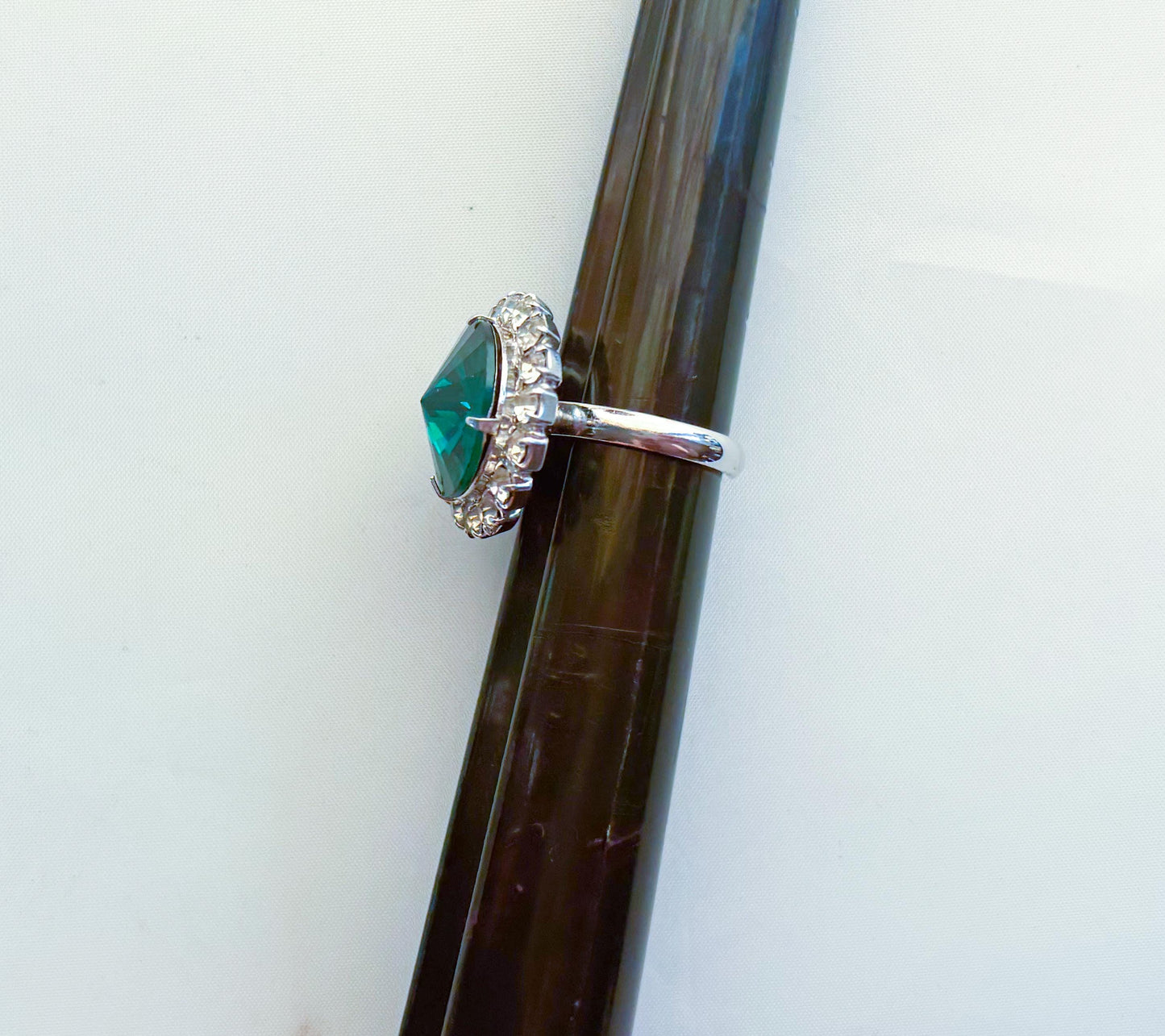 1950s Green Cocktail Ring, Vintage Adjustable Rhinestone Ring