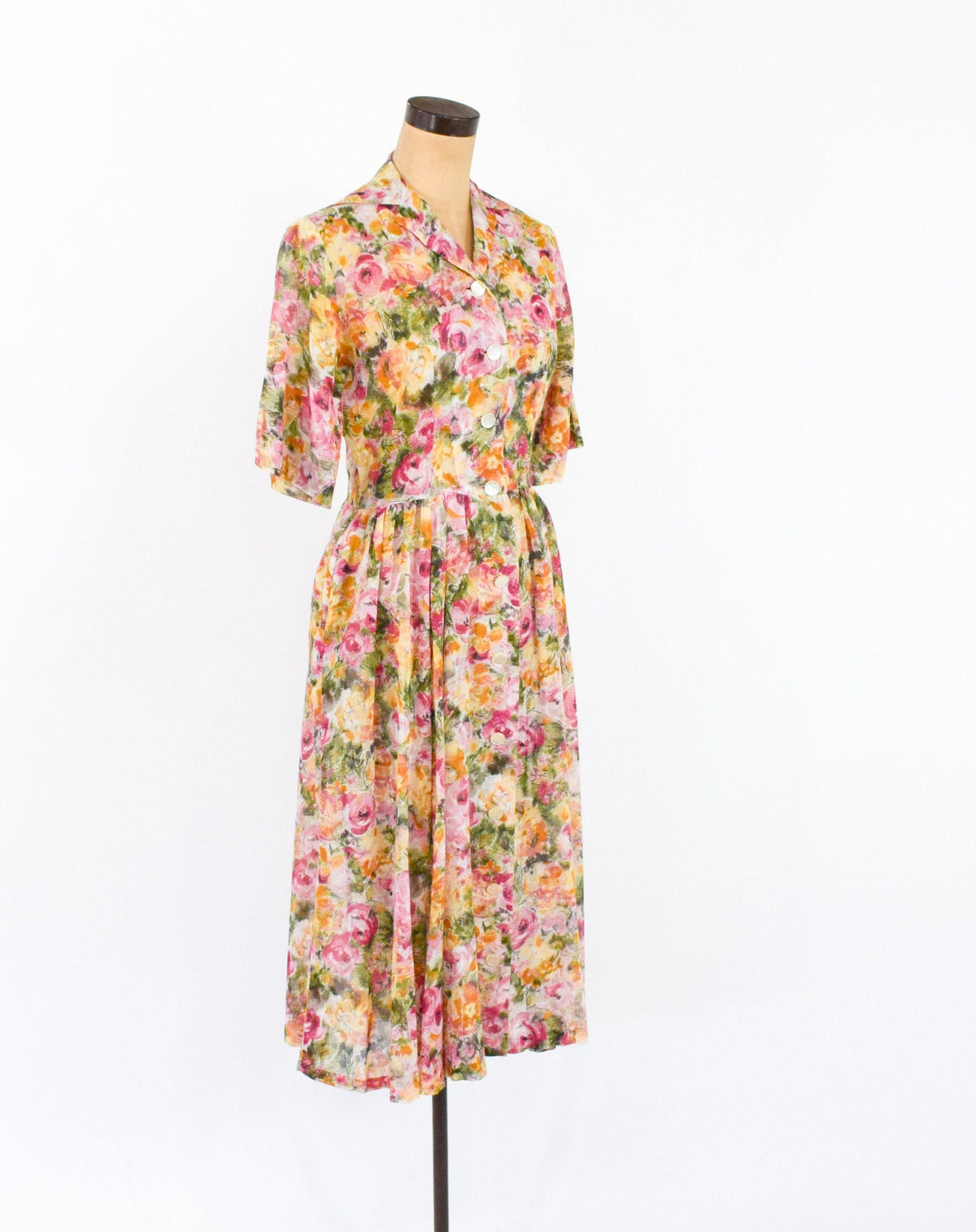 1950s Floral Cotton Shirtwaist Dress | Orange Sheer Fabric, Medium
