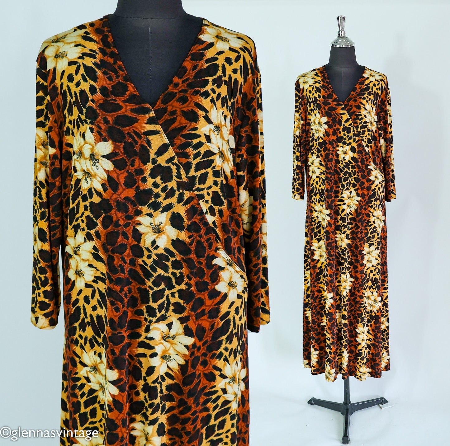 1980s Leopard Animal Print Caftan | 80s Brown Leopard Print & Flowers Maxi Dress | Carolyn Strauss | XLarge