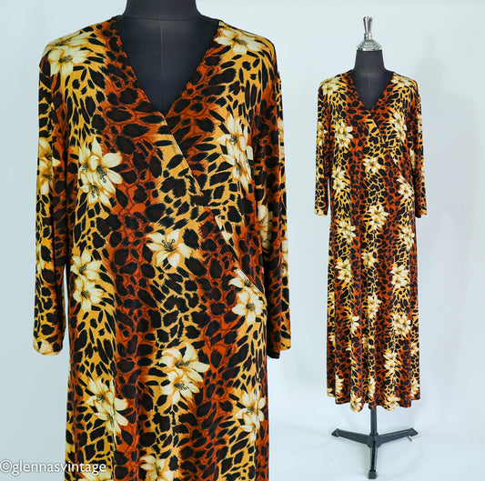 1980s Leopard Animal Print Caftan | 80s Brown Leopard Print & Flowers Maxi Dress | Carolyn Strauss | XLarge