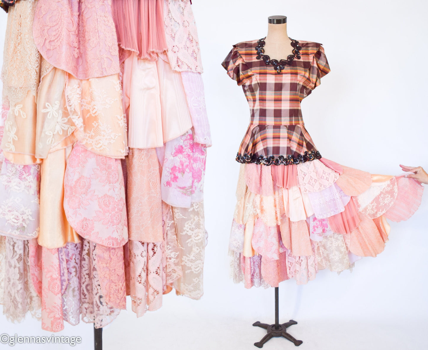 1940s Brown Plaid Taffeta Blouse | 90s Pink Petal Midi Lace & Brocade Skirt, Medium