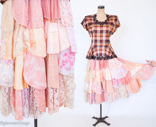 1940s Brown Plaid Taffeta Blouse | 90s Pink Petal Midi Lace & Brocade Skirt, Medium