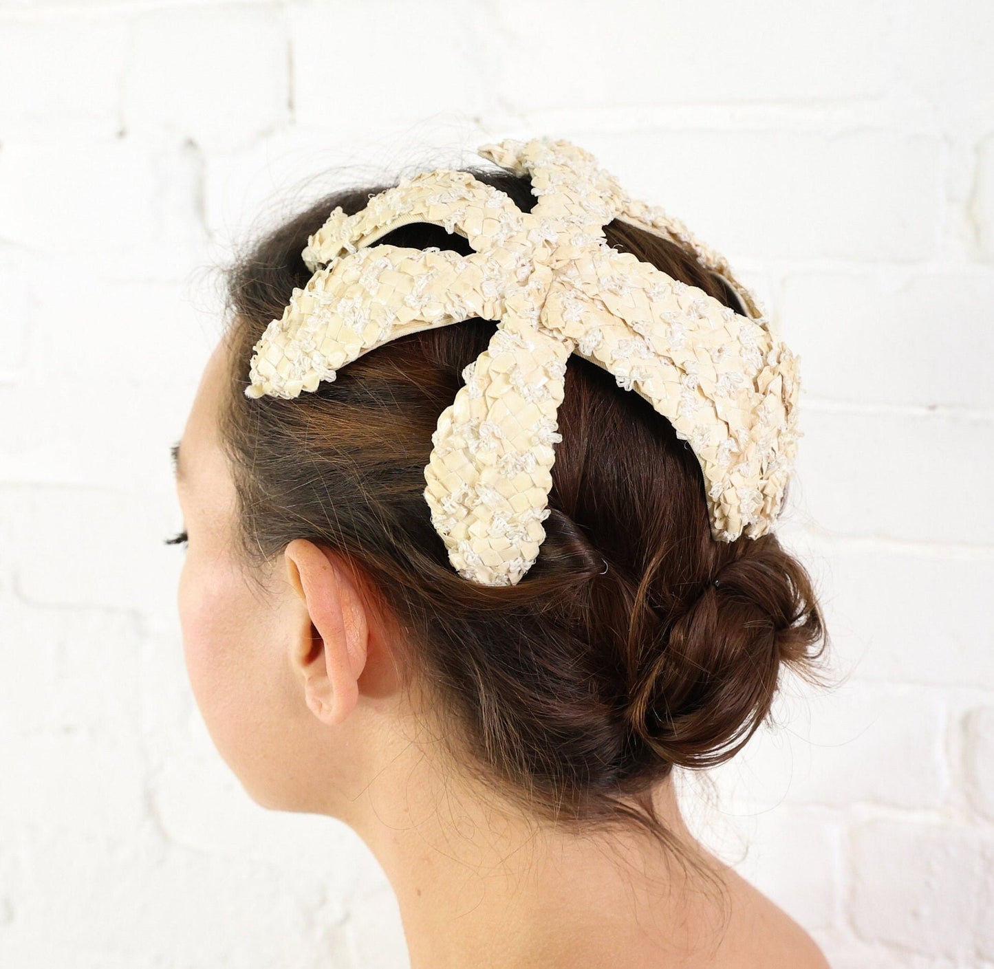1950s Creme Woven Raffia Fascinator, Juliette Cap