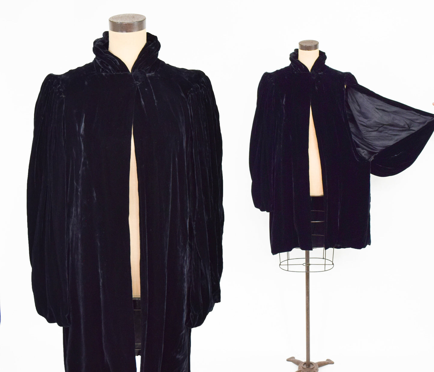 1930s Black Silk Velvet Evening Coat with Black Draped Sleeves Cape, Medium