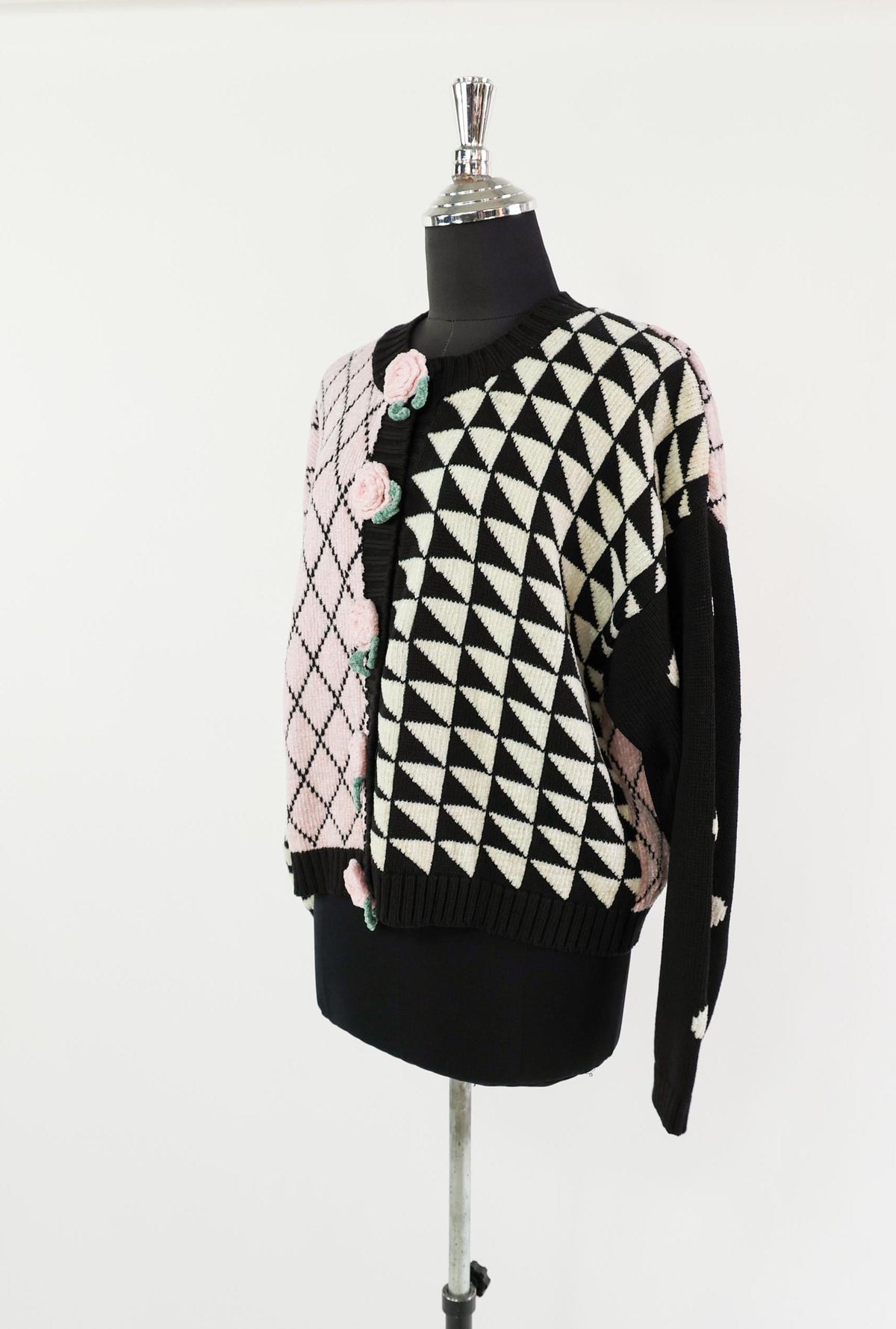 1980s Pink Black Geometric Chenille Cardigan, Large