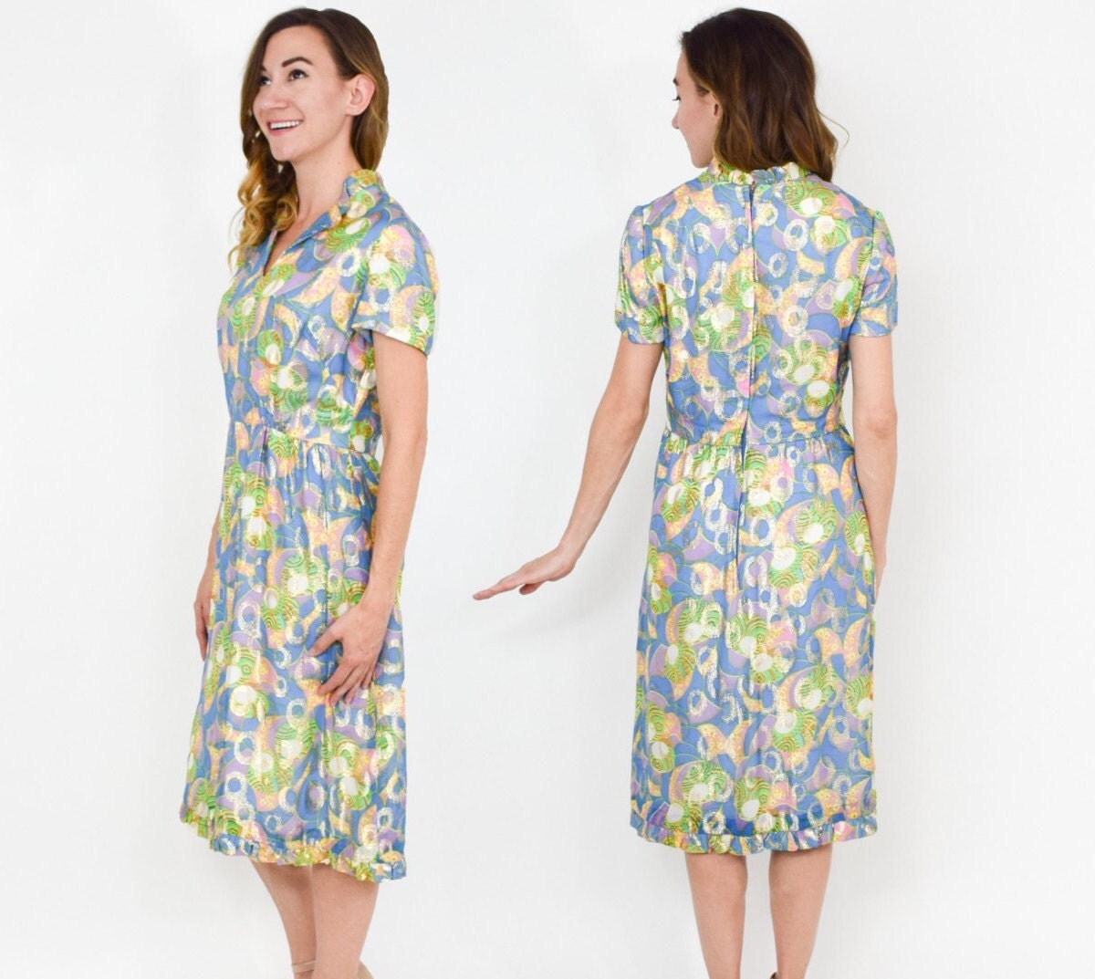 1960s Blue Floral Metallic Party Dress | 60s Blue Gold Metallic Lamé Dress | Jackie O | Medium