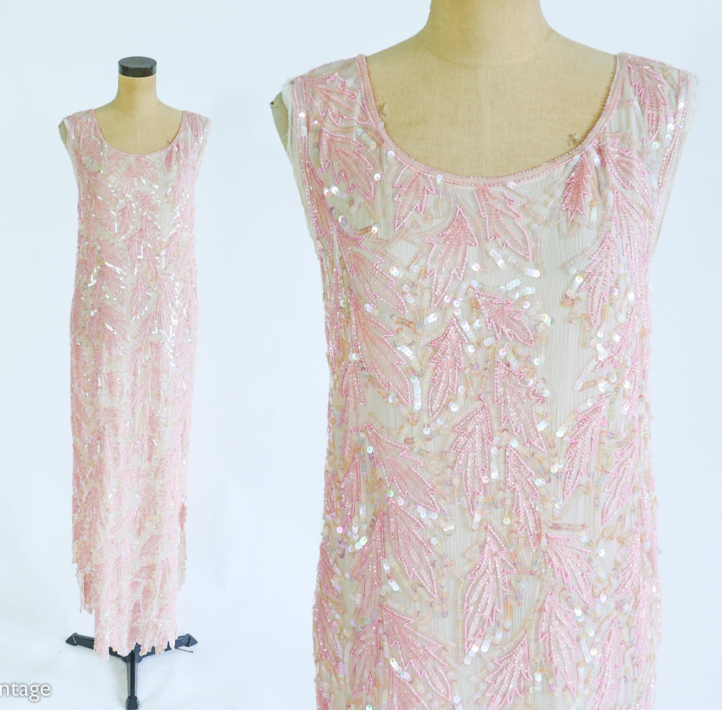 1980s Pink Silk Sequin Dress | 80s Pink Iridescent Sequin Evening Dress | Medium