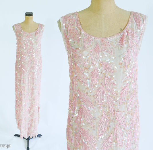 1980s Pink Silk Sequin Dress | 80s Pink Iridescent Sequin Evening Dress | Medium