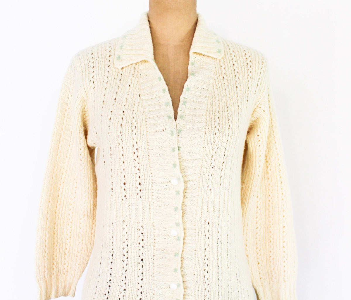 1950s Creme Wool Knit Cardigan, Medium
